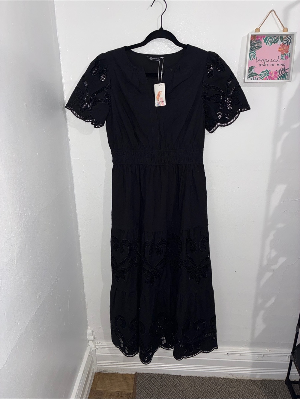 Black Eyelet Midi Dress with Scalloped Sleeves